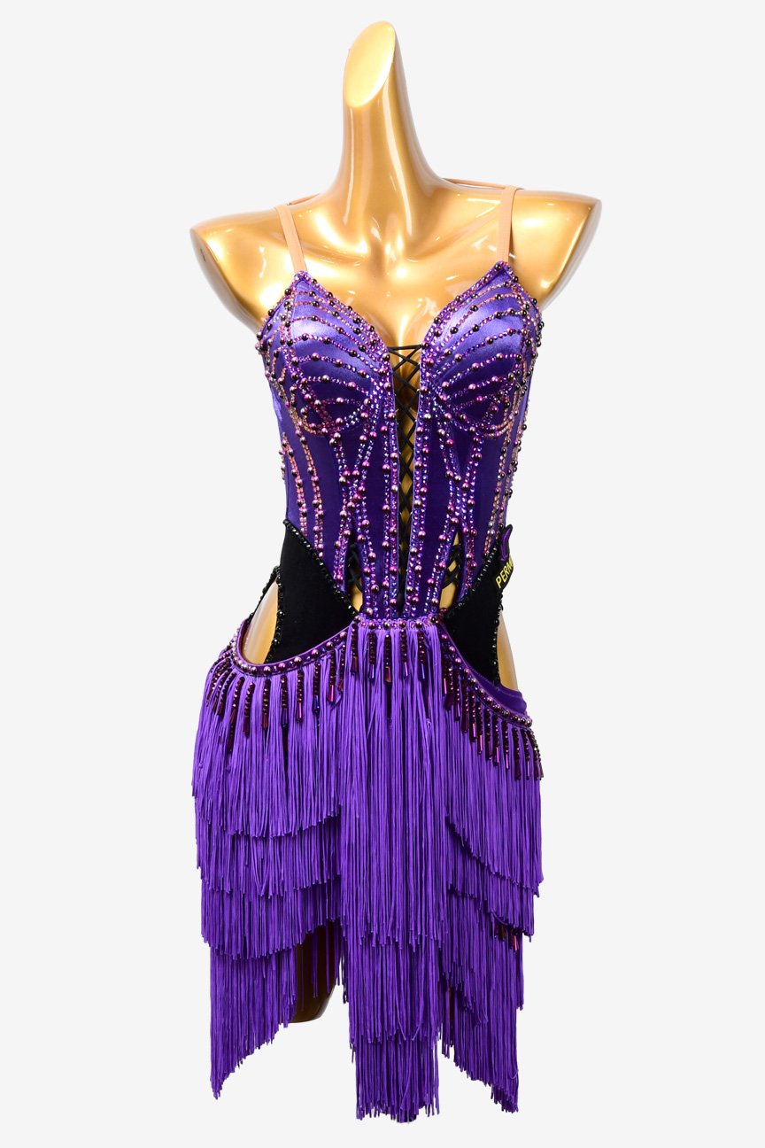 Purple pearls & fringe sleeveless Latin dress