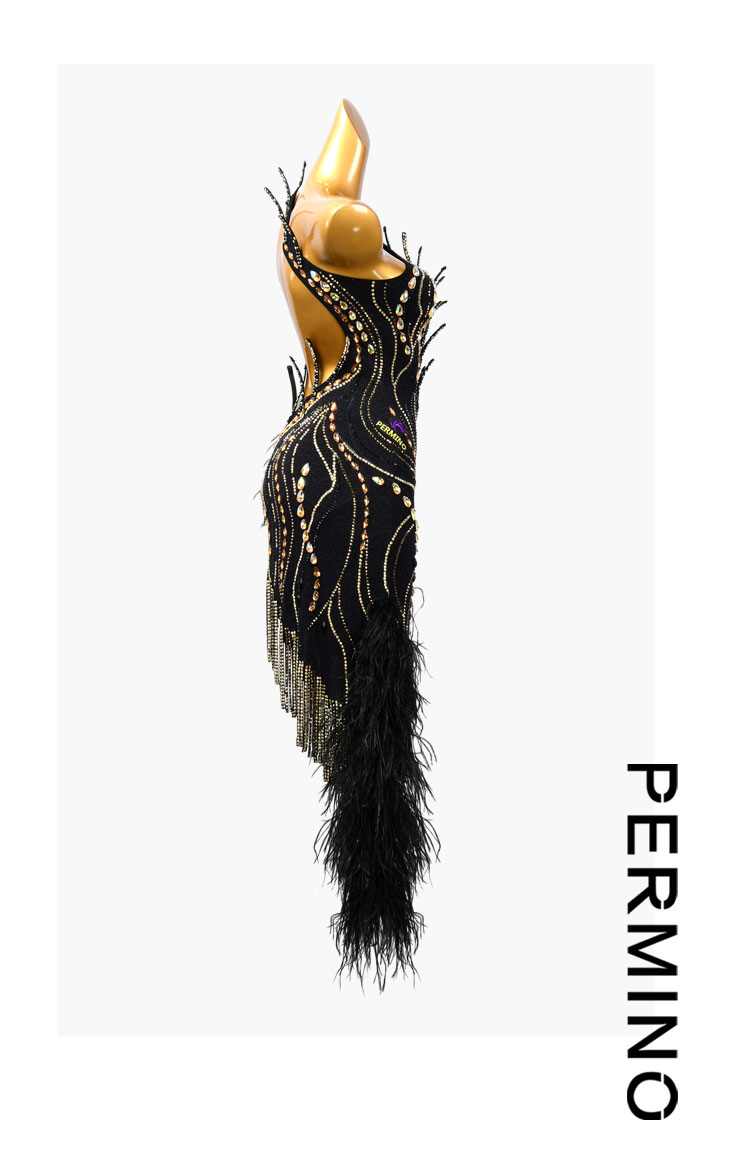 Permino black Latin dress with stone fringes, rhinestone and feather ...