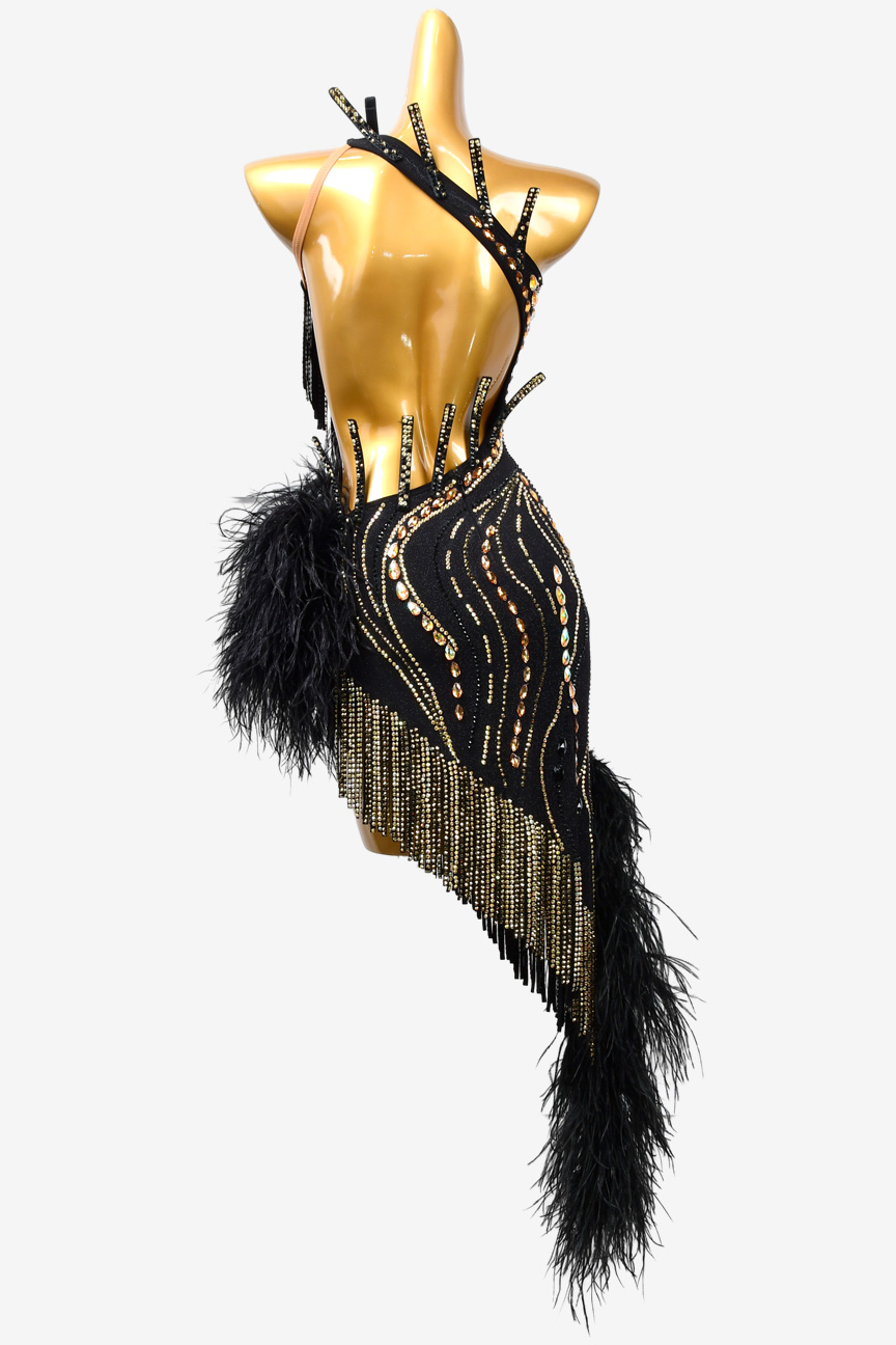 Permino black Latin dress with stone fringes, rhinestone and feather ...