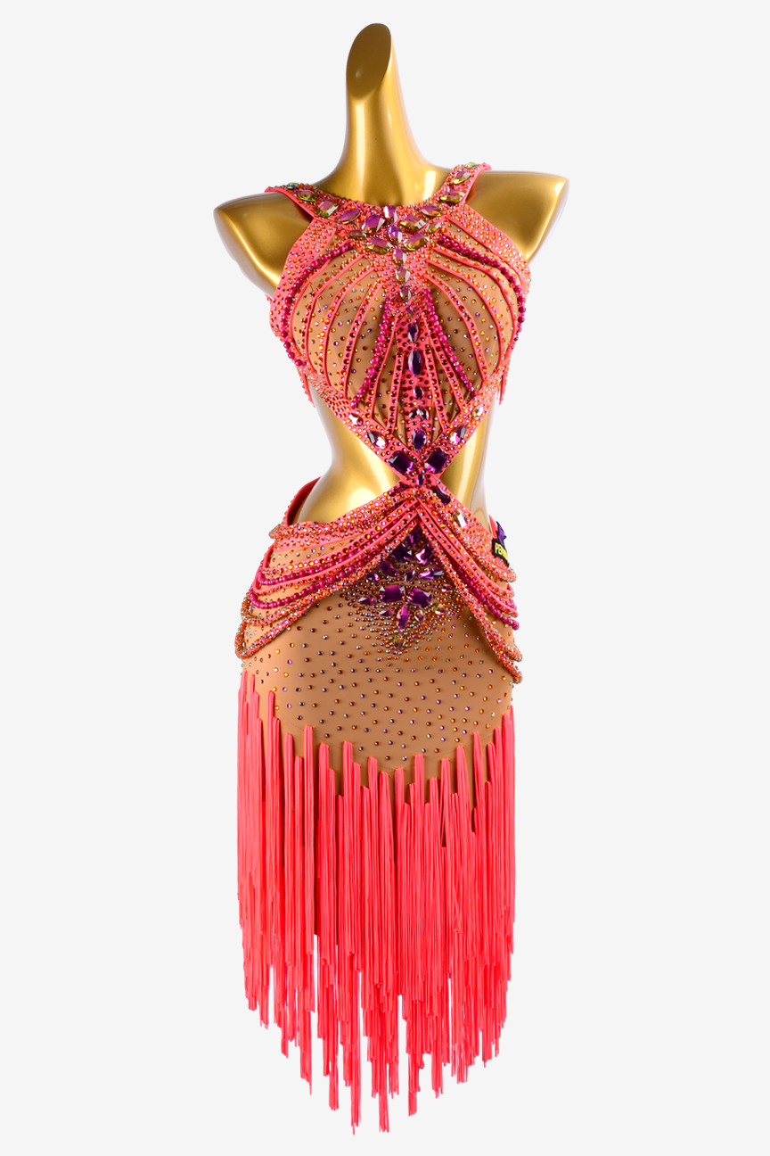 Permino fleshtone lycra Latin dress with oranger red stone string ...