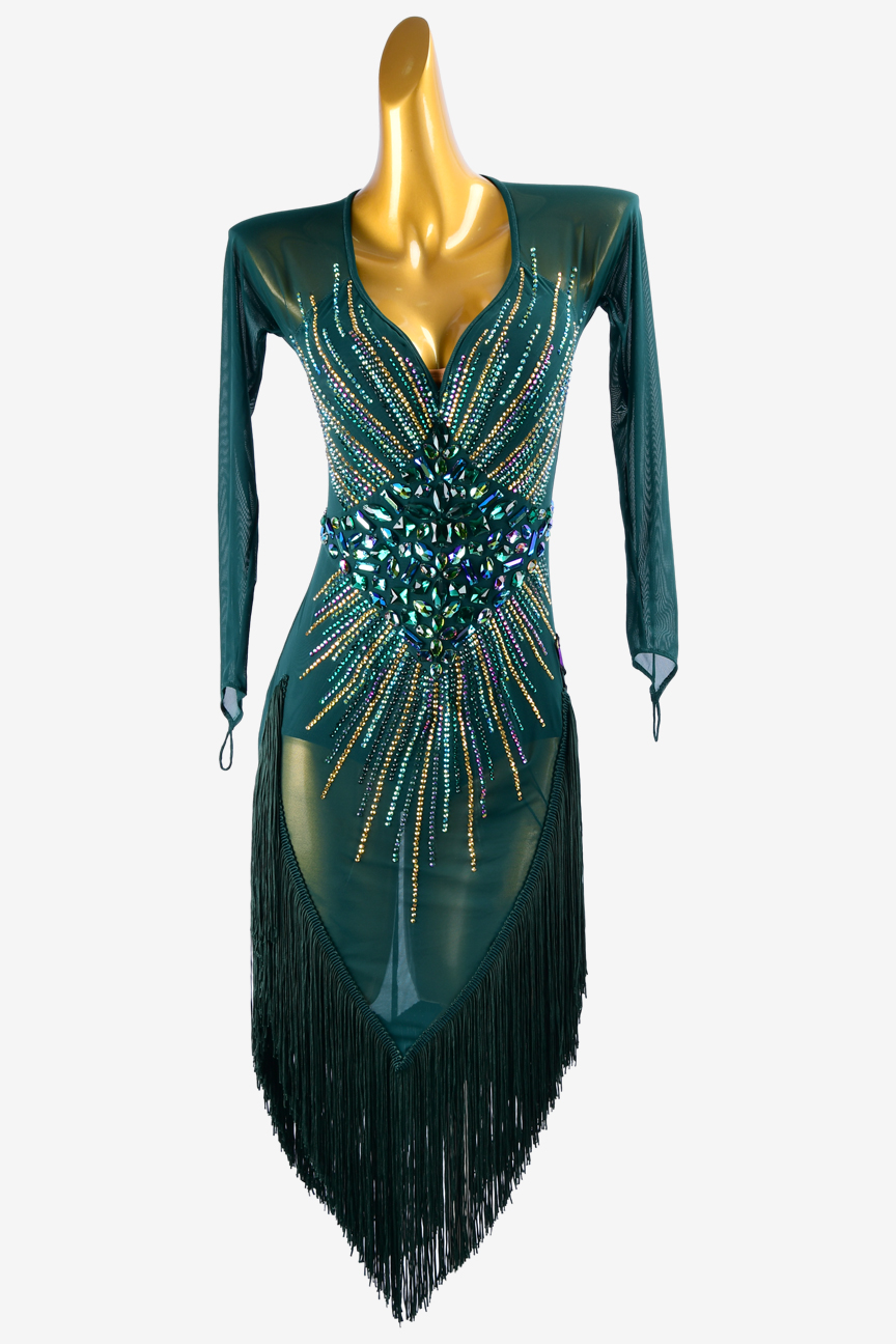 Permino malachite green mesh Latin dress with fringes, AB sew-on stones ...