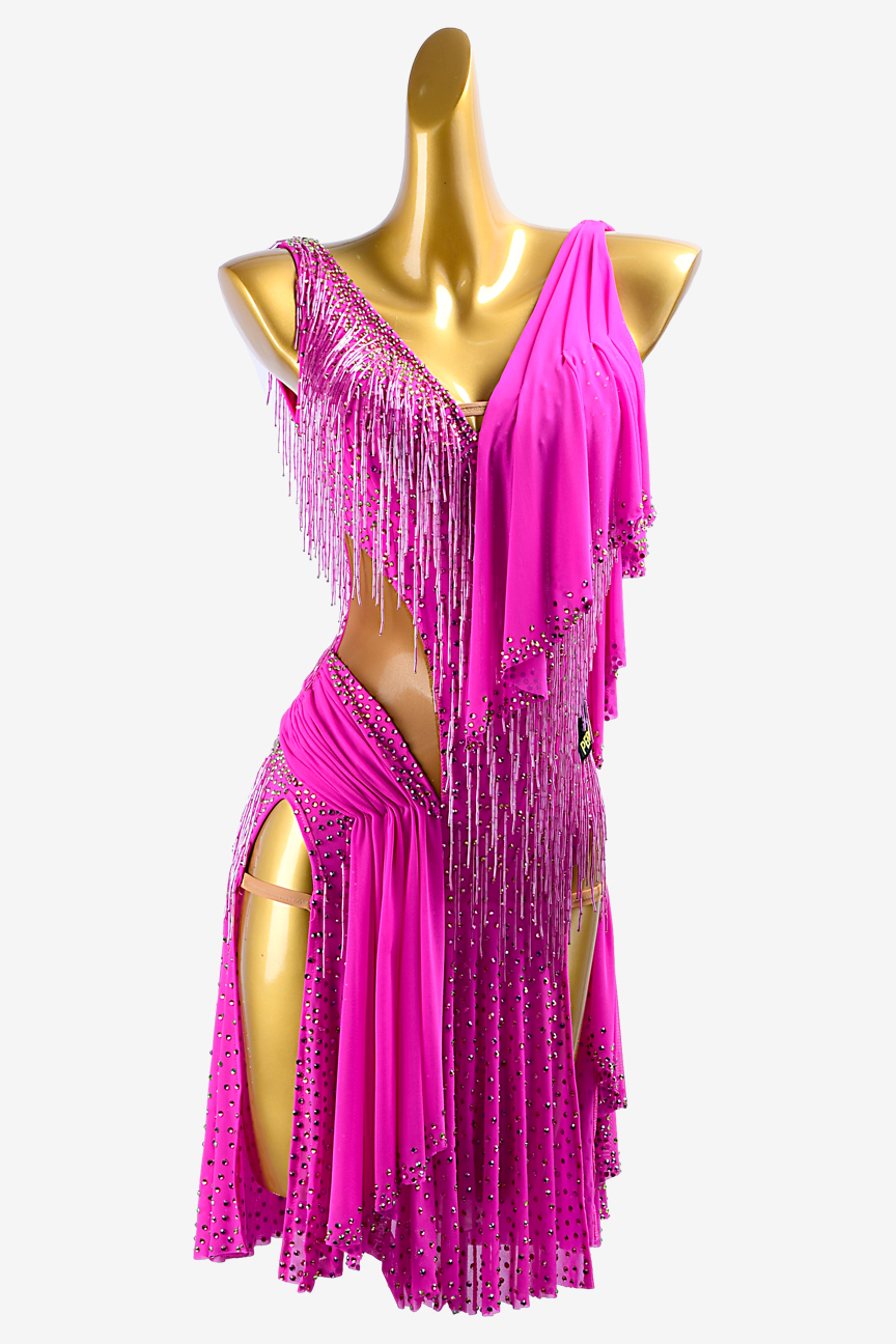 Permino magenta rose mesh draping & ruching Latin dress with beaded ...