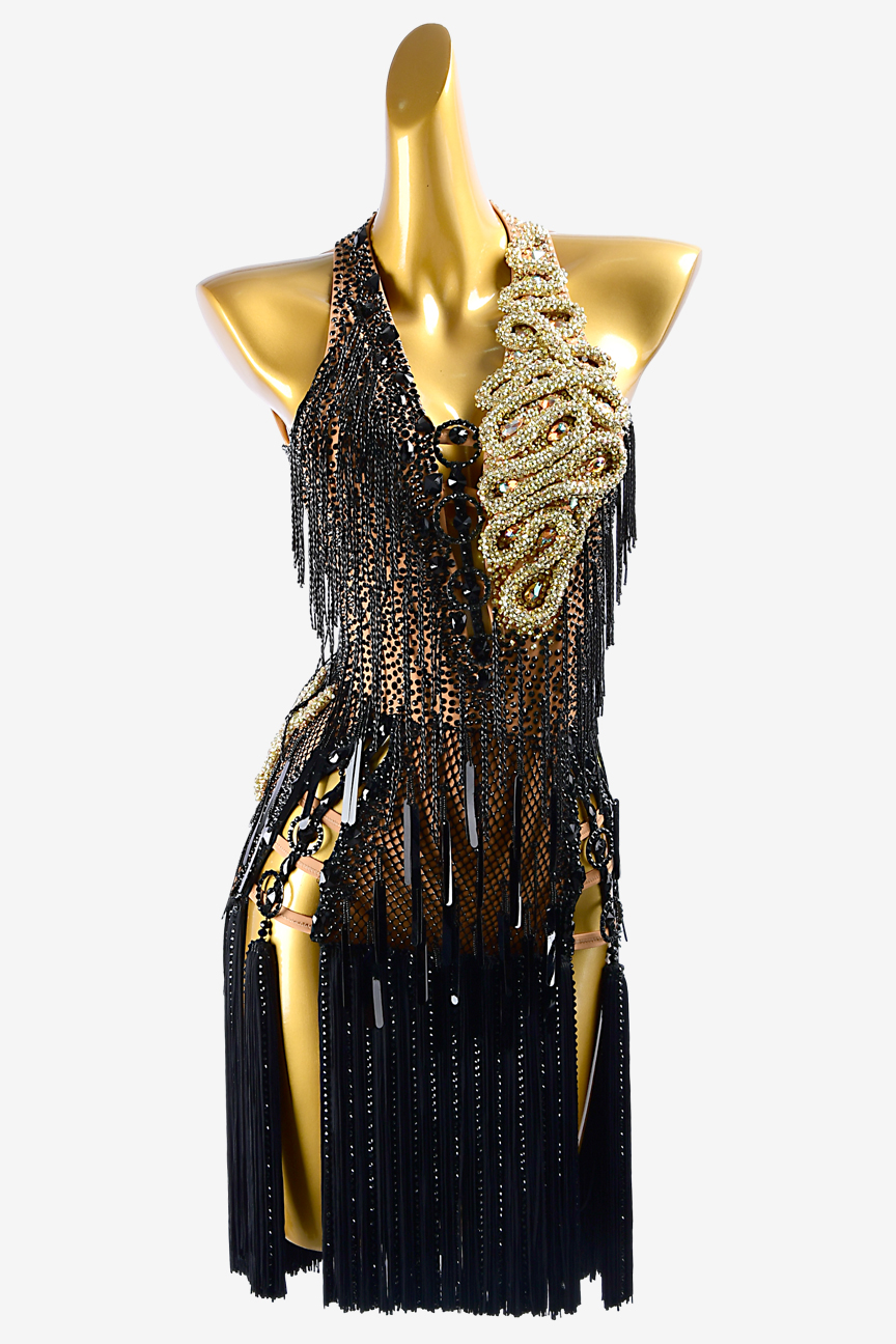 Permino fleshtone lycra Latin dress with black fishnet, stone fringes ...