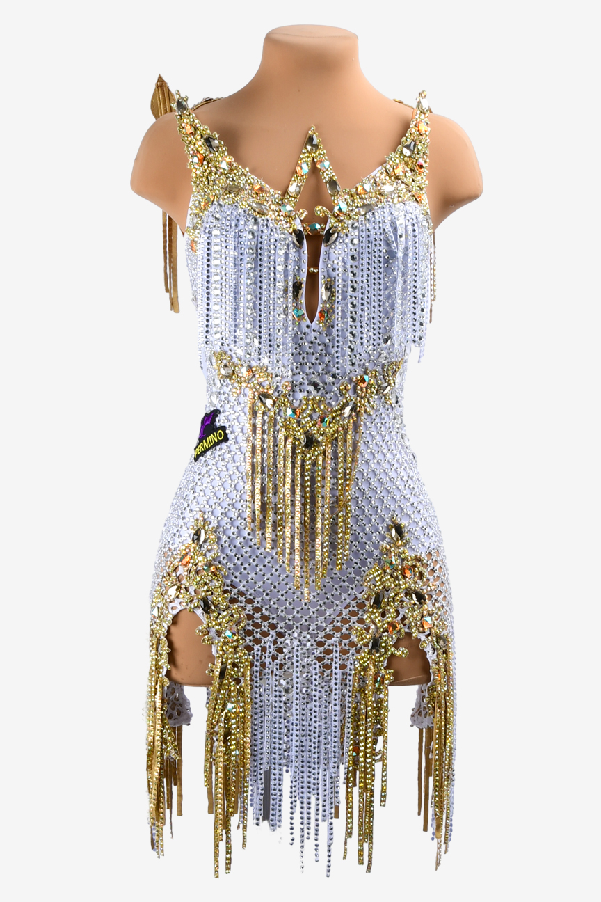 Permino white lustre lycra Latin dress with crystal fishnet, gold lace ...