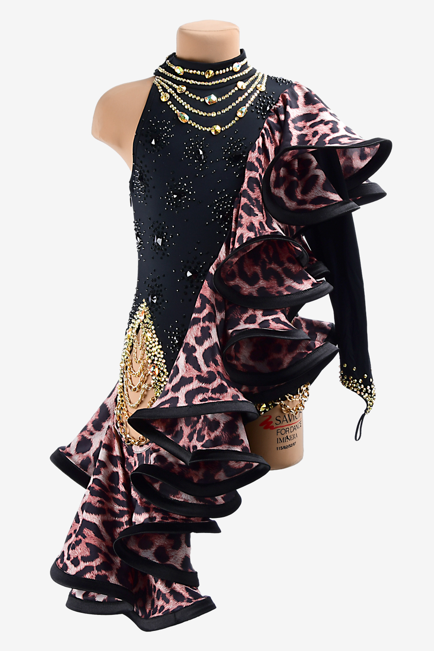 Permino black matt lycra Latin dress with leopard print draping ruffle ...