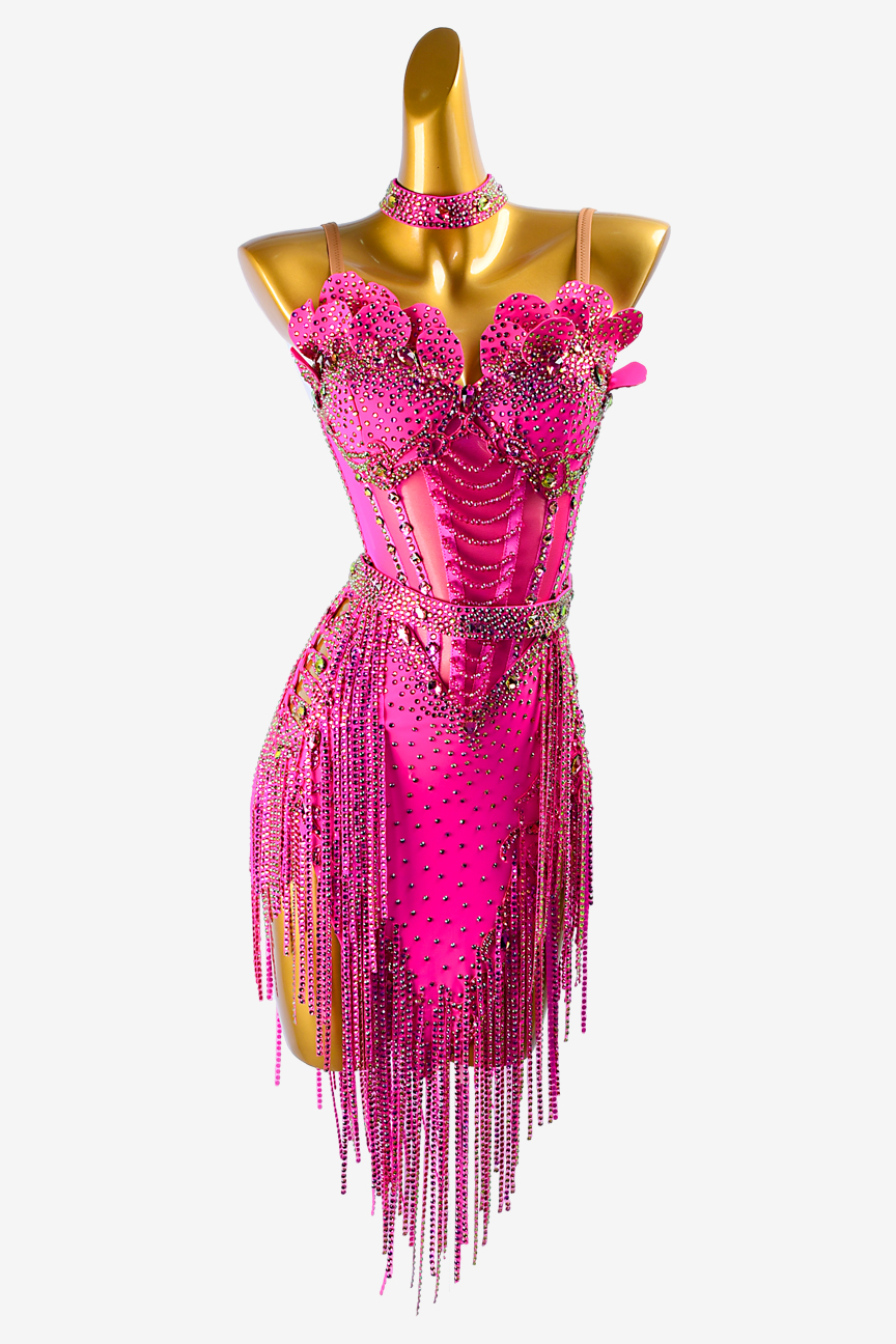 Permino phosphor Latin dress with rhinestone applique, stone fringes ...