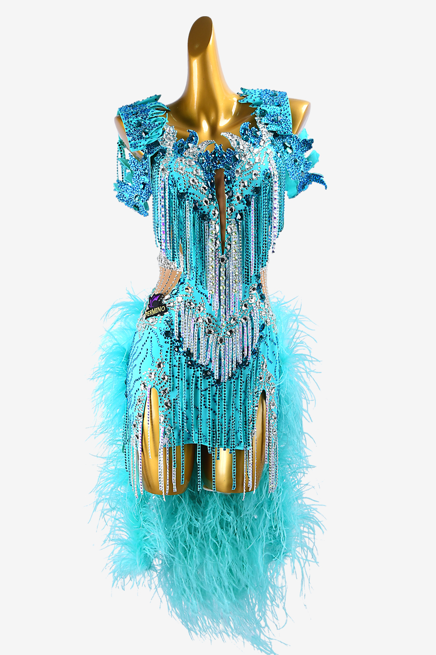 Permino sky blue lycra and fleshtone mesh Latin dress with crystal AB ...