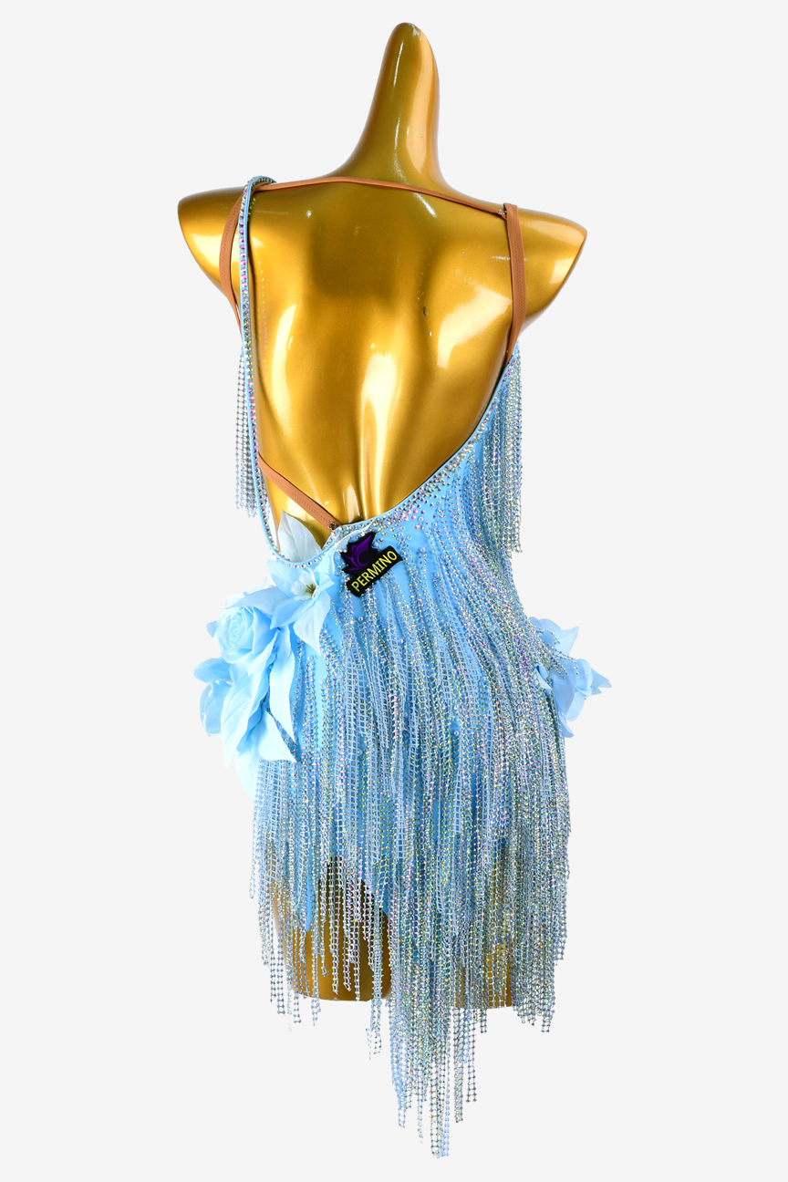 Sky blue diamond stripe three-dimensional flower custom Latin suit