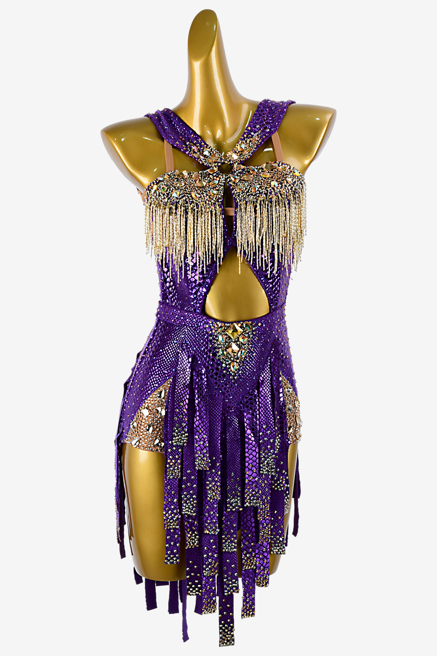 Permino purple python foil on lycra Latin dress with gold beaded ...