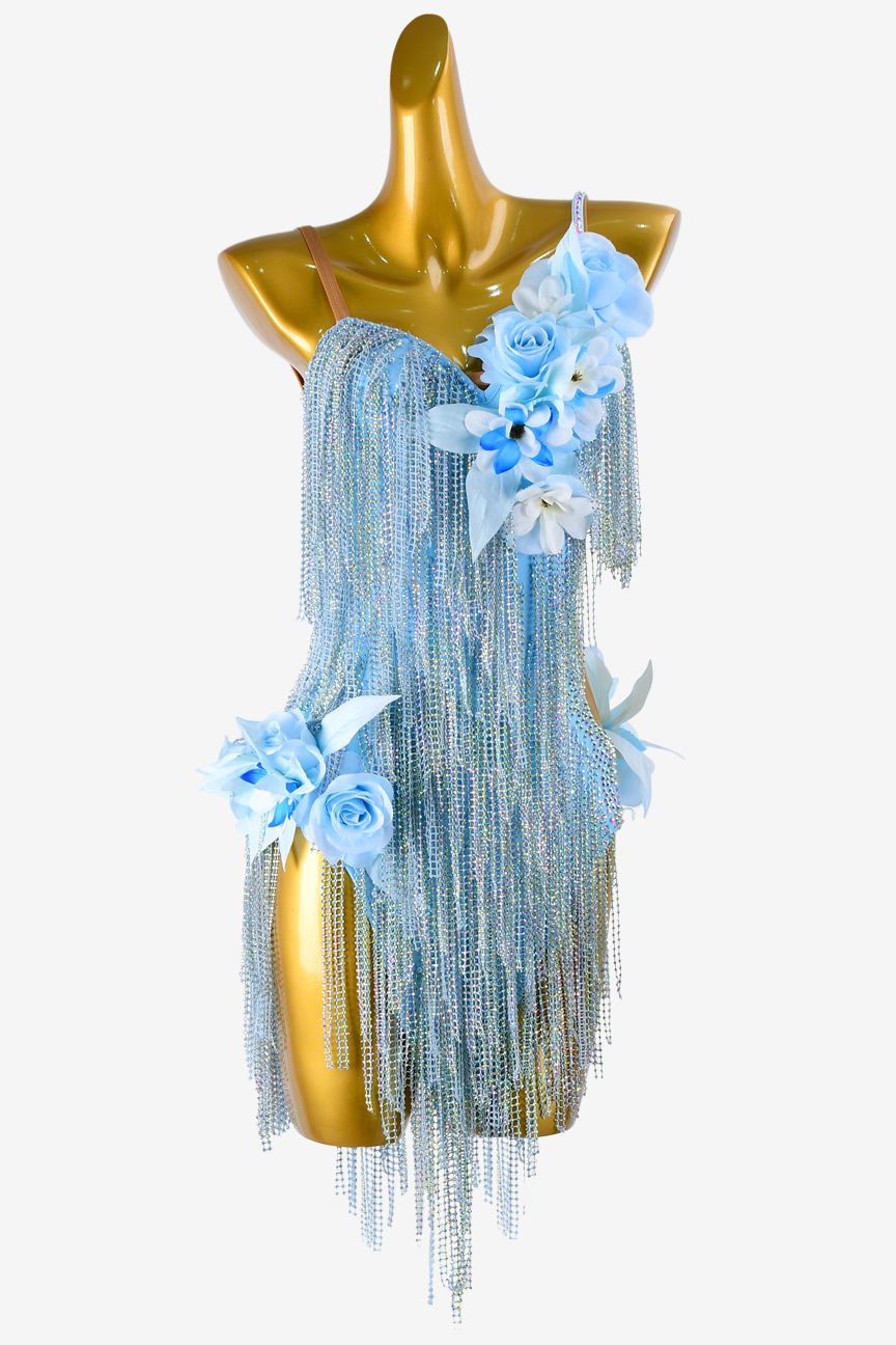 Sky blue diamond stripe three-dimensional flower custom Latin suit