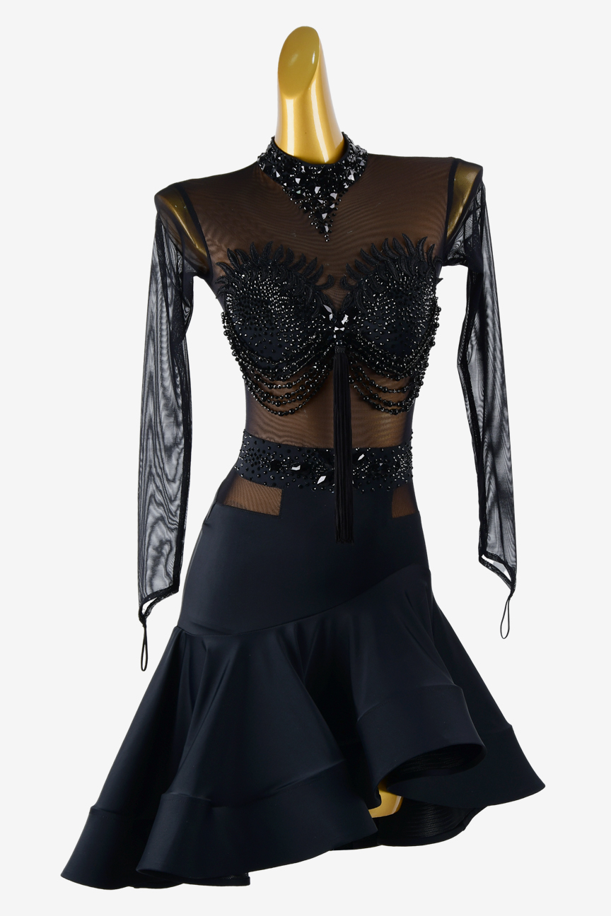 Permino black mesh Latin dress with ruffle fishbone underskirt ...