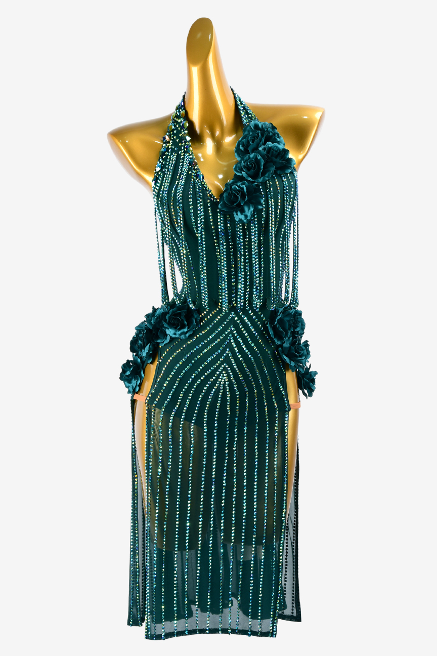 Deep green diamond stripe three-dimensional flower custom Latin suit