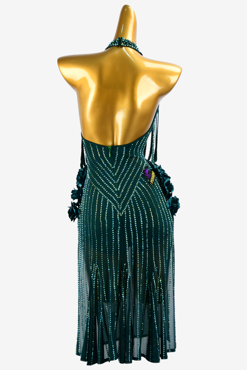 Deep green diamond stripe three-dimensional flower custom Latin suit