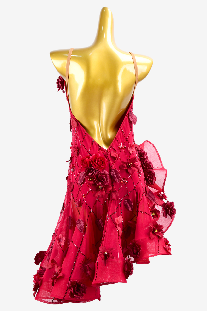 Wine red three-dimensional flower custom Latin race suit