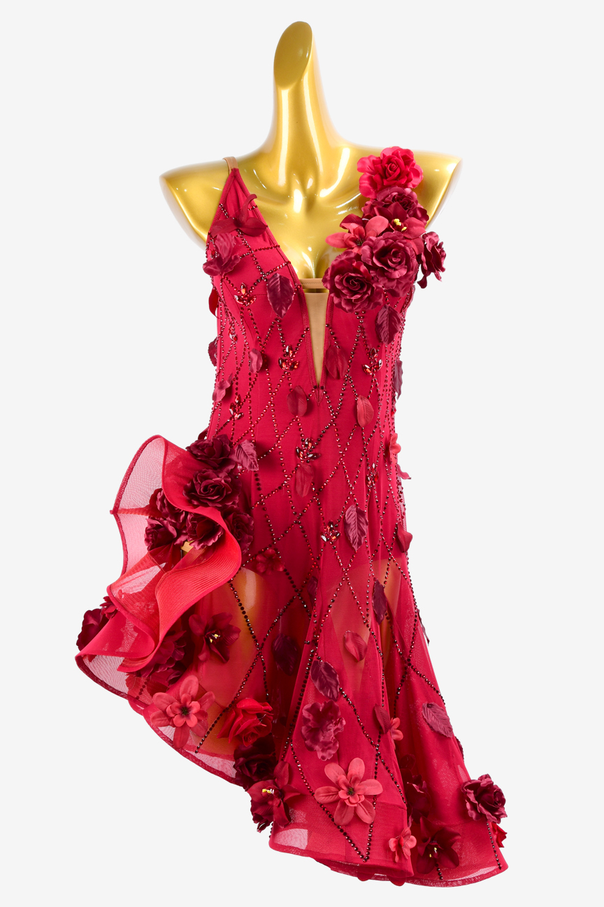 Wine red three-dimensional flower custom Latin race suit