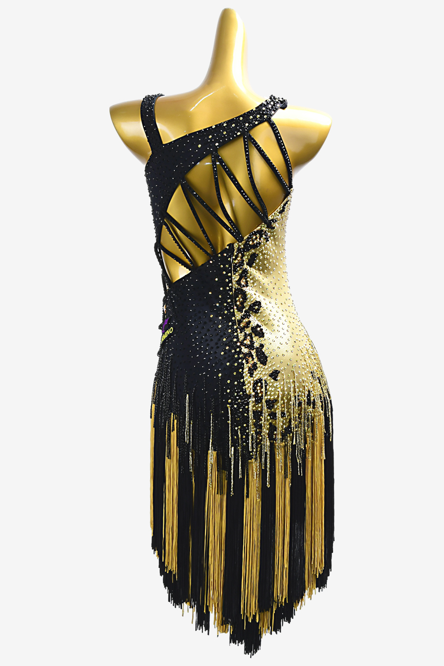 Custom Latin suit with black and gold patchwork fringe
