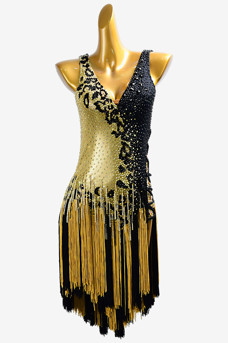 Custom Latin suit with black and gold patchwork fringe