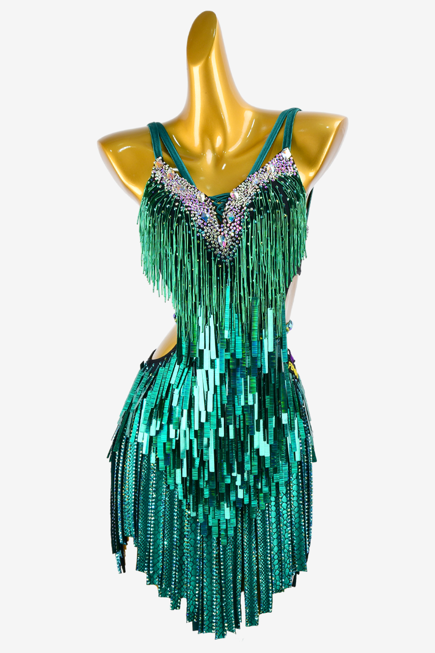 Permino lack green Latin dress with stone fringes, beaded fringes, sea ...