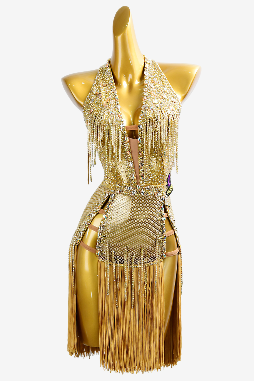 Custom Latin suit with gold fringe and diamond strip