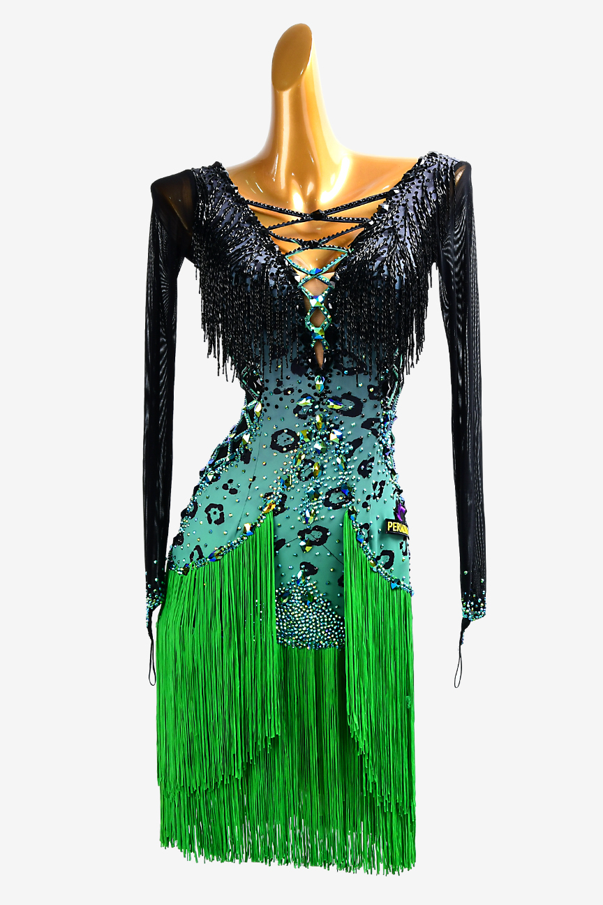 Green tassel bead tube long sleeve custom Latin race suit