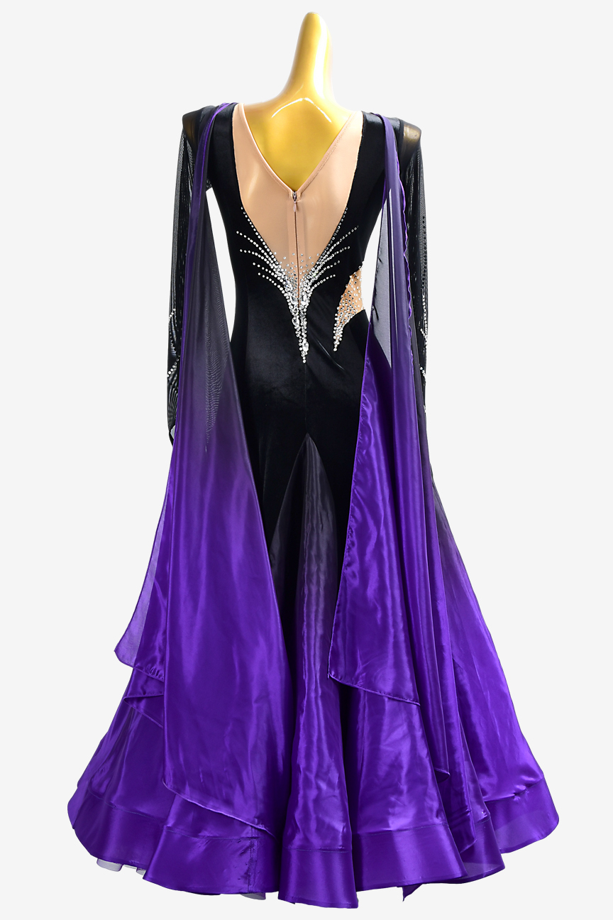Custom Latin modern dress with purple long sleeves and large hemline