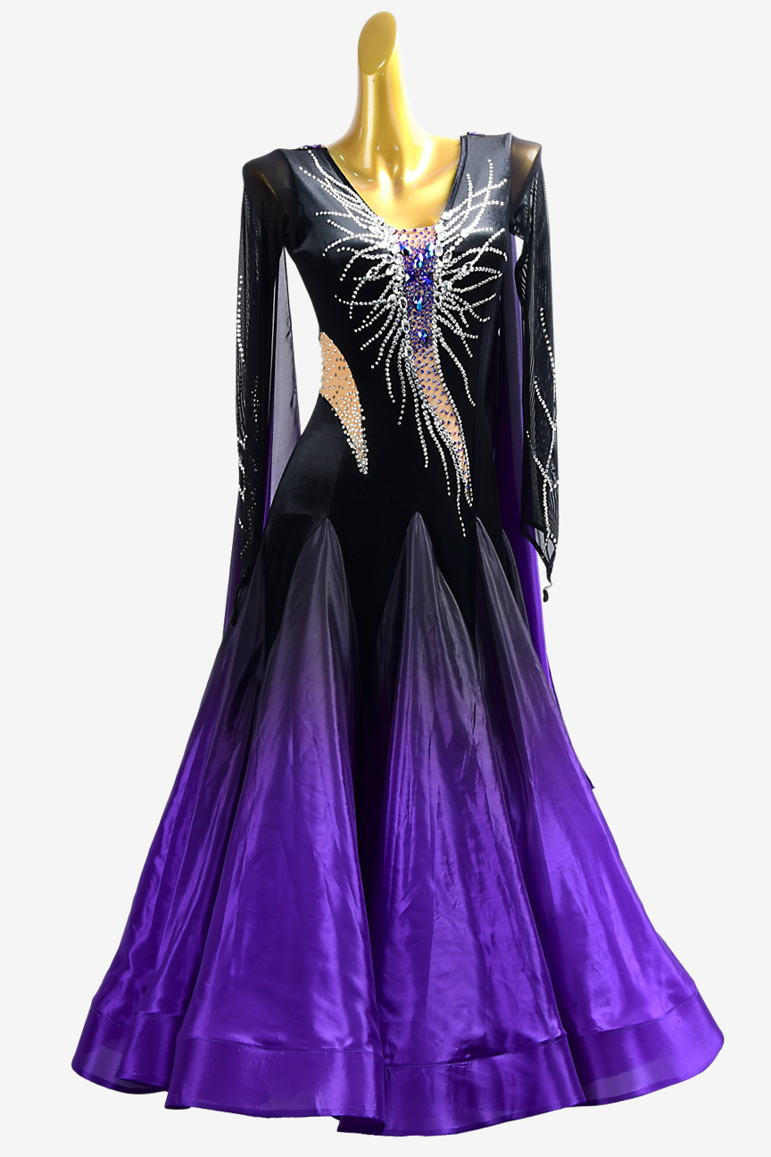 Custom Latin modern dress with purple long sleeves and large hemline