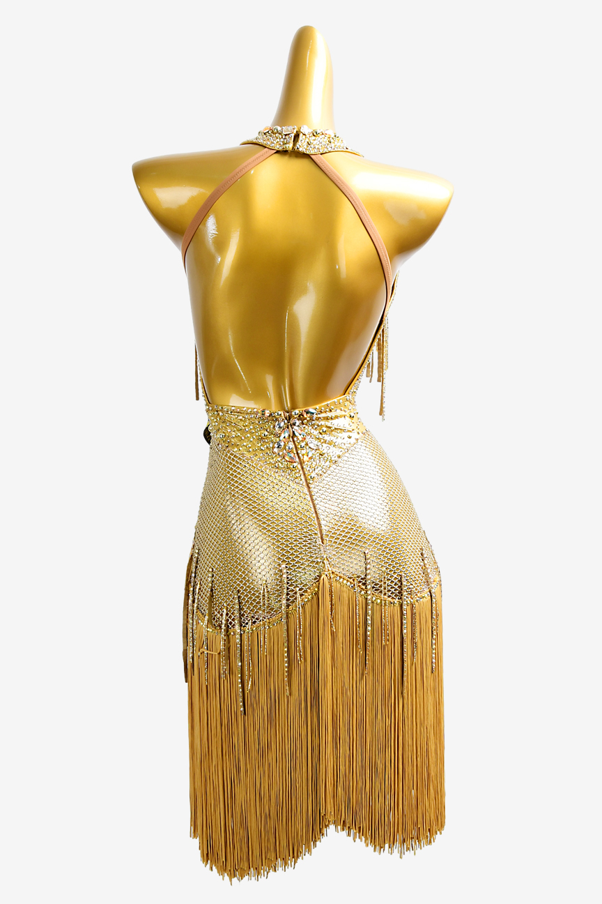 Custom Latin suit with gold fringe and diamond strip