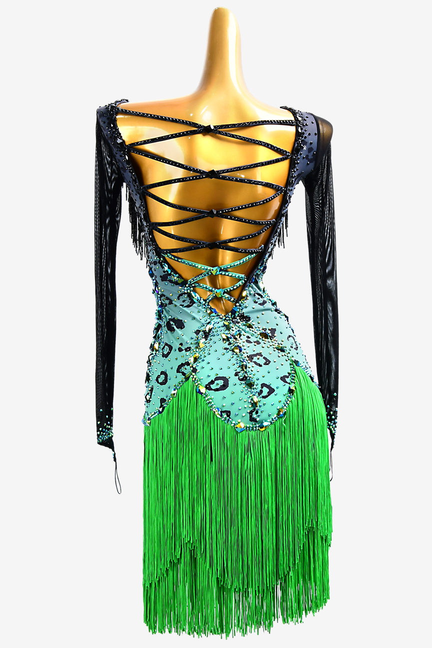 Green tassel bead tube long sleeve custom Latin race suit