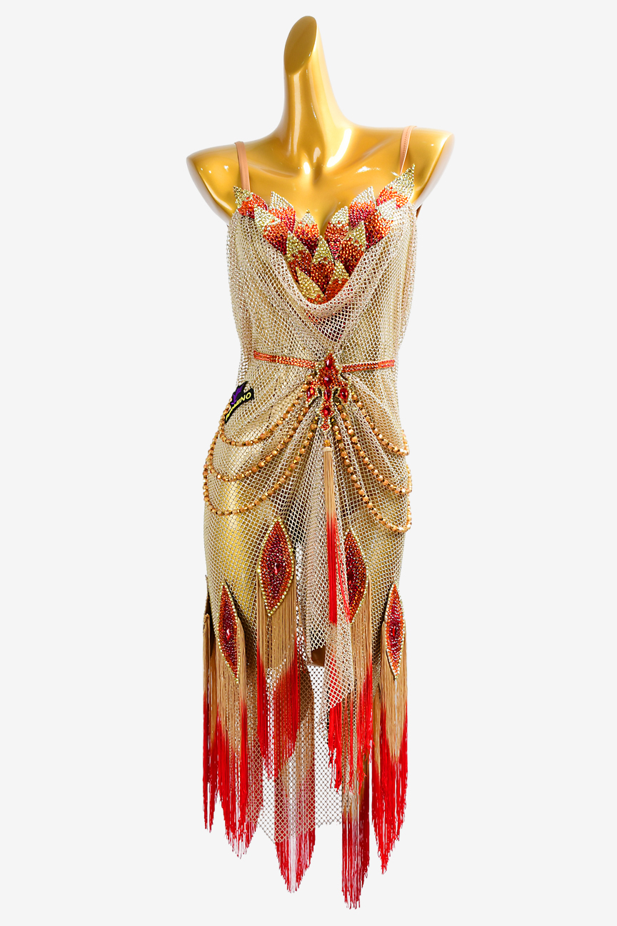 Custom Latin suit with gold and red tassel mesh