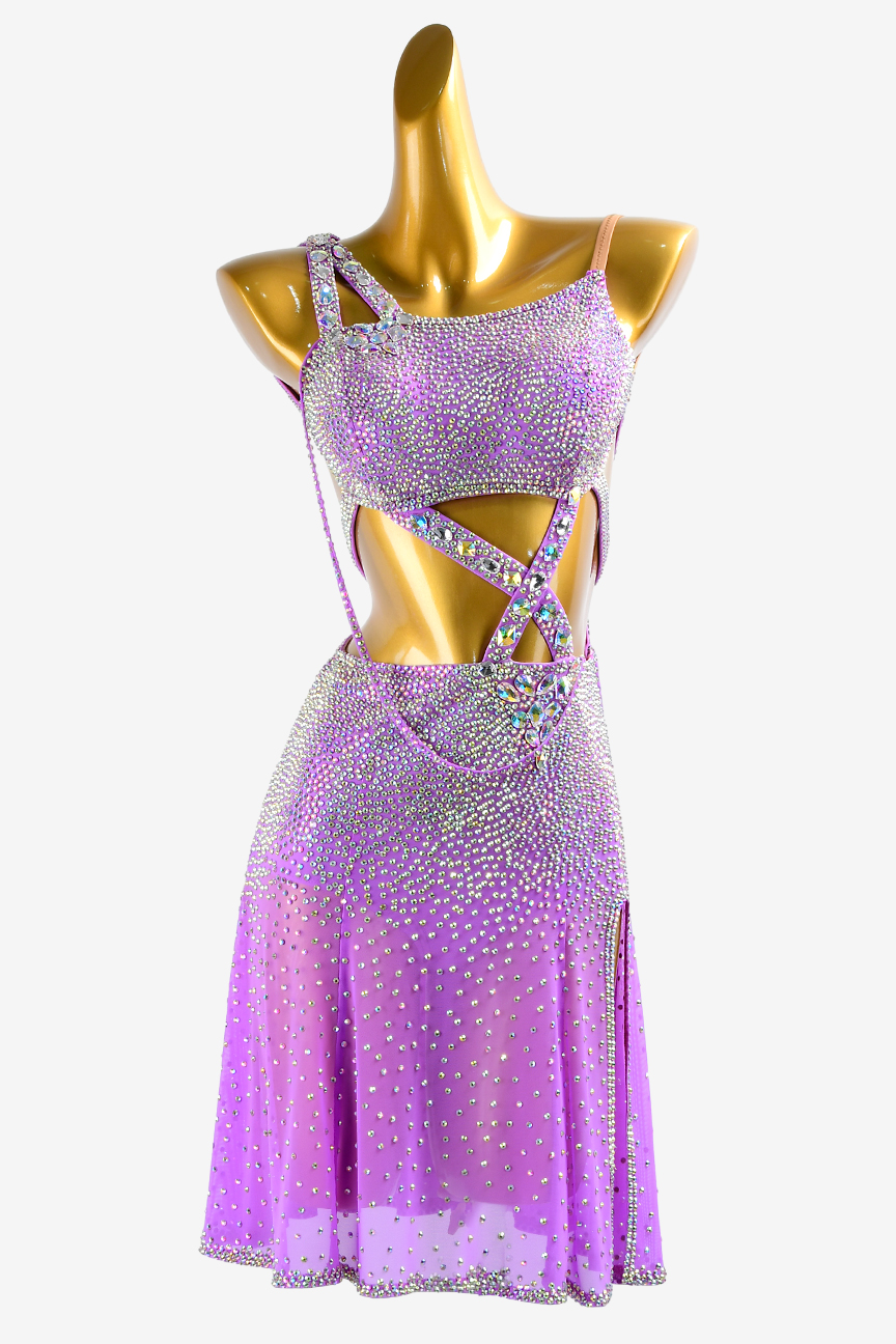 Permino purple stretch mesh Latin Dress with crystal AB full & sew-on ...