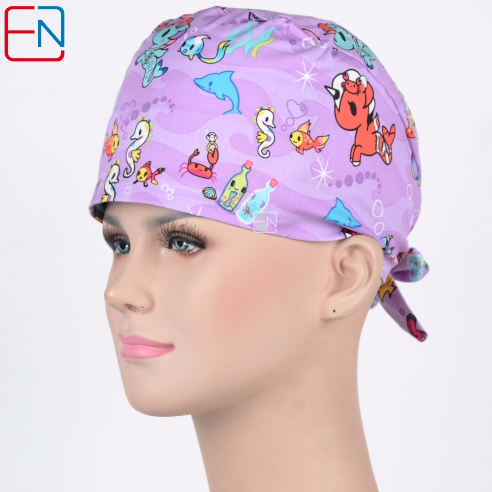 Hennar brand unisex scrub caps,skull caps in purple with seahorse pattern