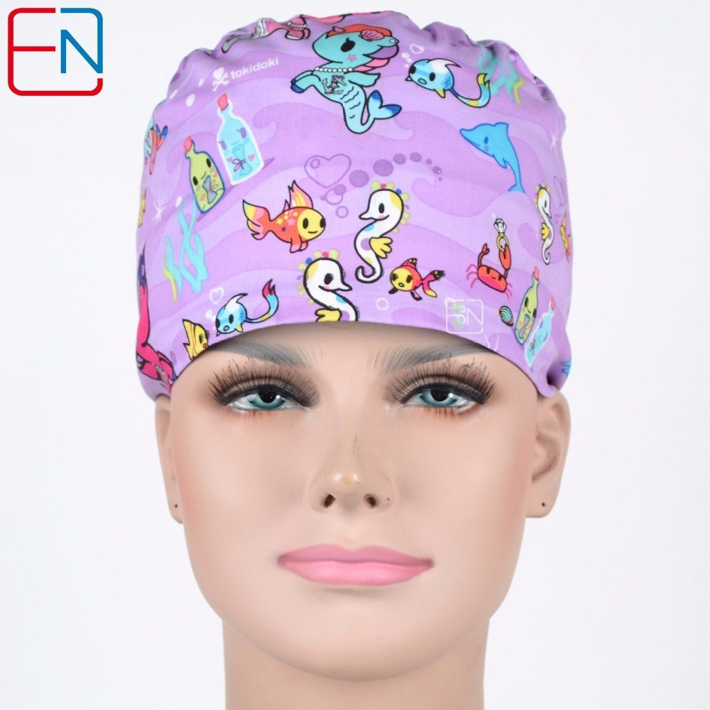 Hennar brand unisex scrub caps,skull caps in purple with seahorse pattern