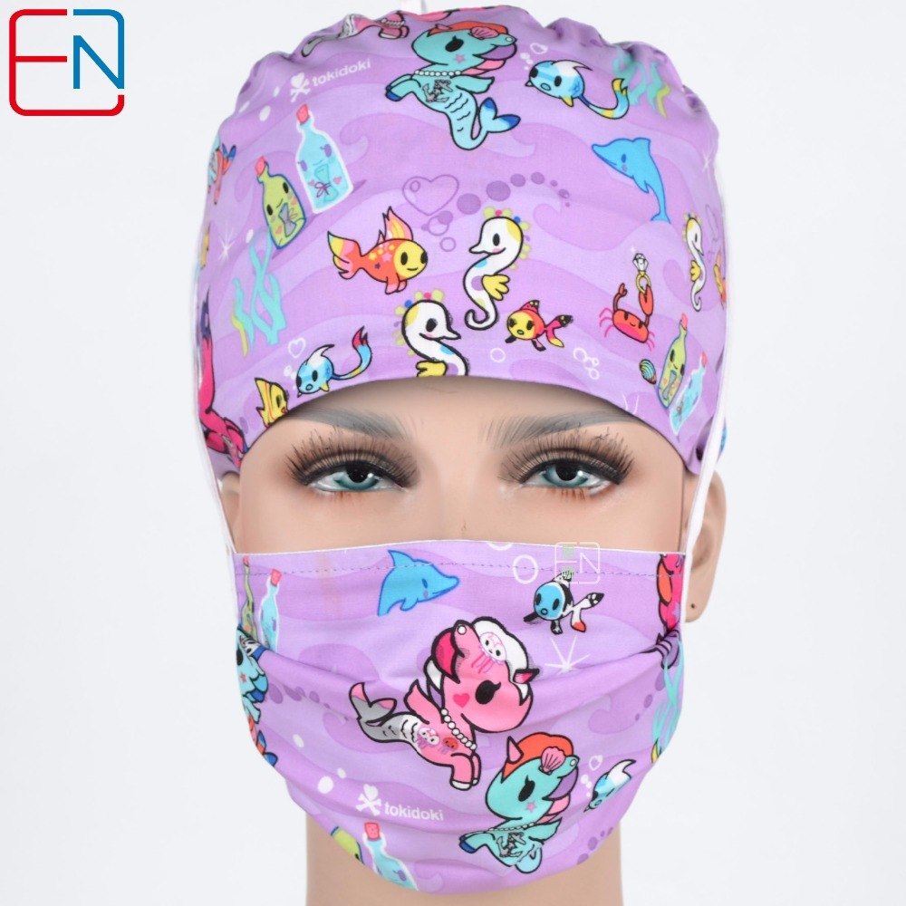 Hennar brand unisex scrub caps,skull caps in purple with seahorse pattern