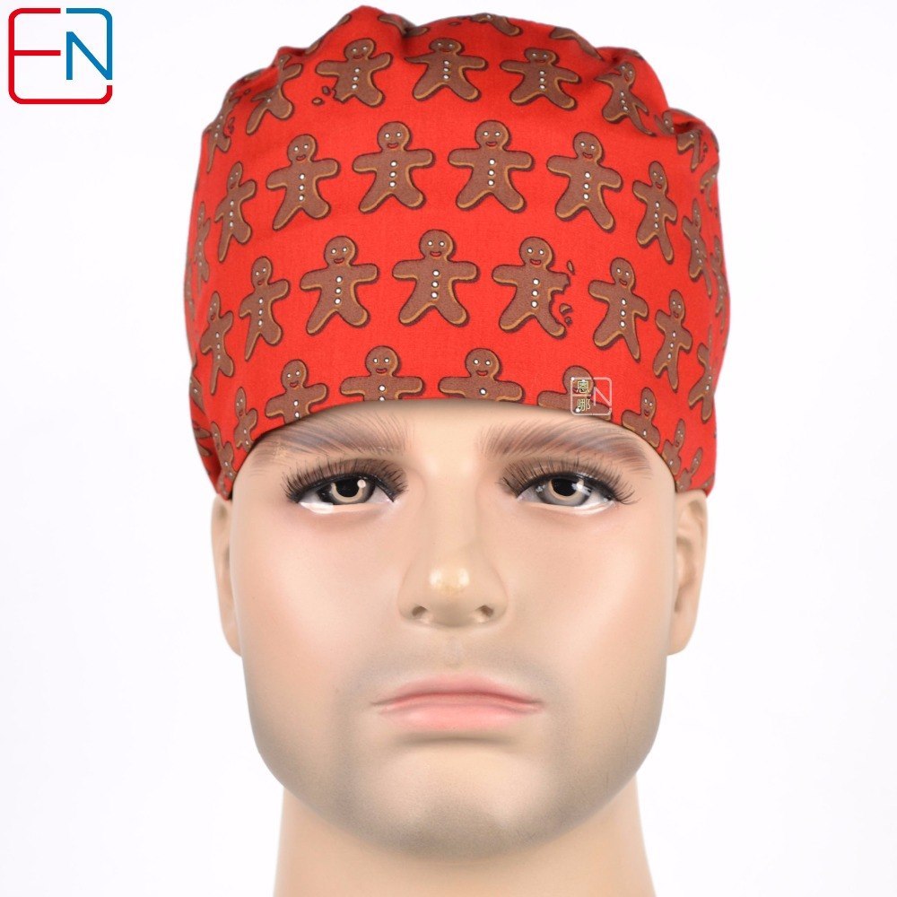 men surgical scrub caps in red with cookies man
