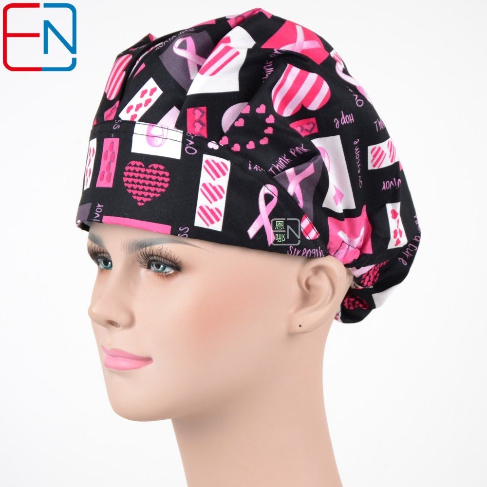 Surgical caps doctors and nurses cap and printed cotton cap long hair bouffant hat with hearts and ribbon