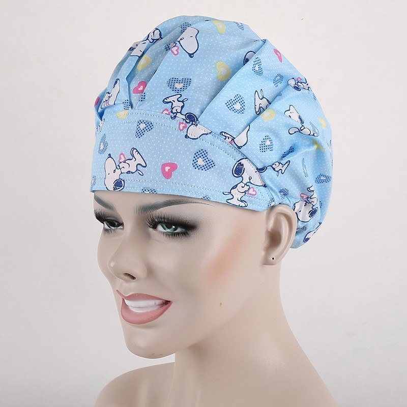 one size adjustable medical bouffant caps in white with doggie