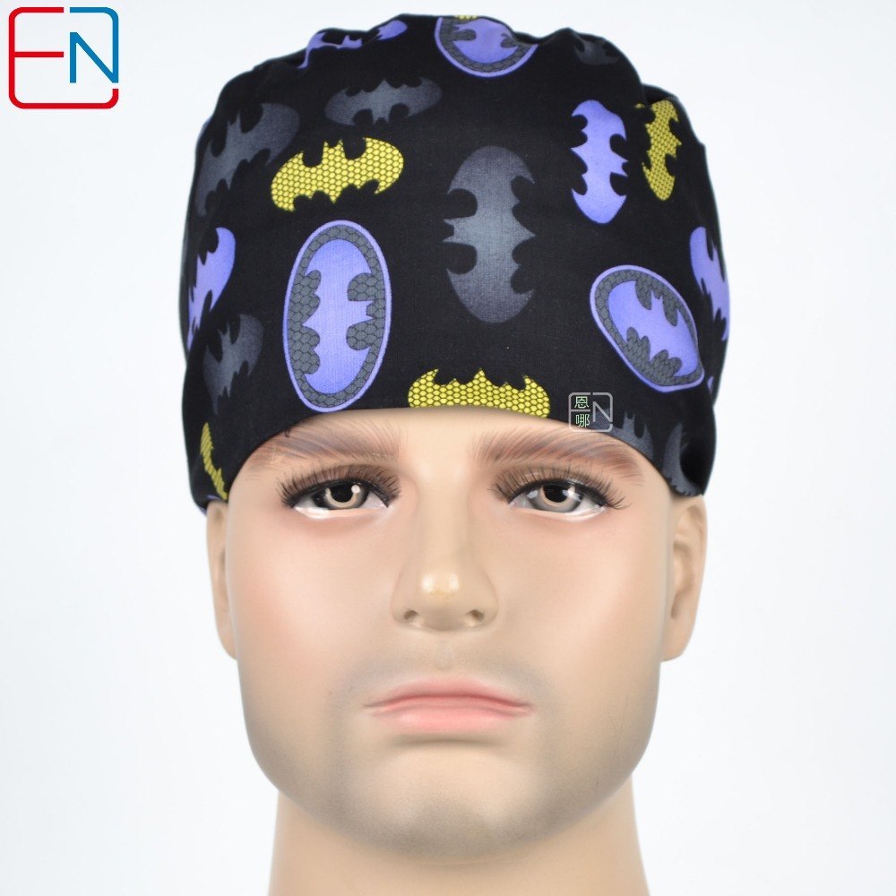 unisex surgical hats in black with bat pattern 3 sizes for choice to fit different hair length and head circumference
