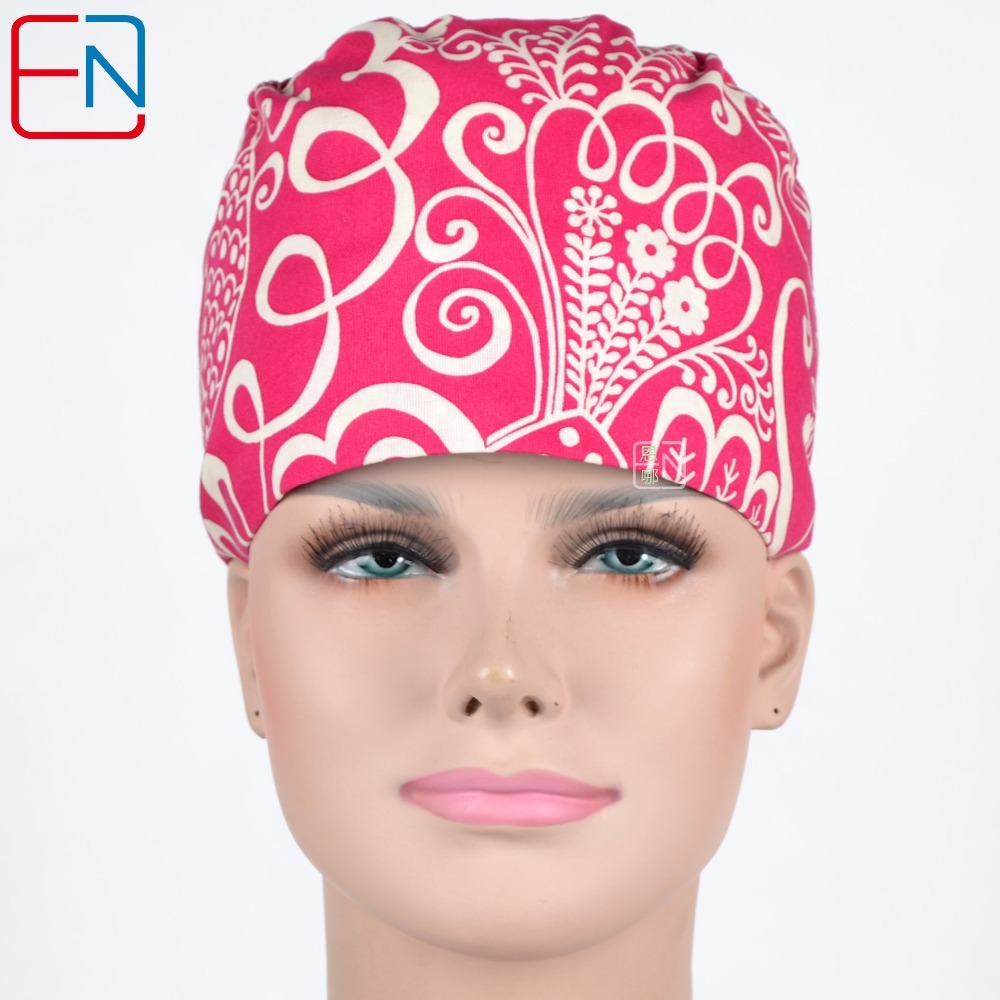 female medical scrub caps in rose red with big flowers