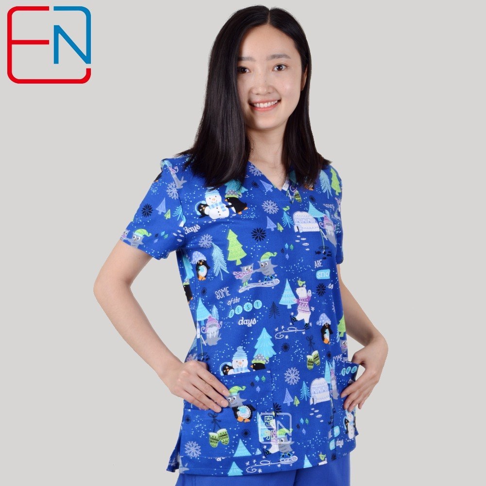 Brand medical scrub tops for women surgical scrubs,scrub uniform in 100% print cotton Christmas series