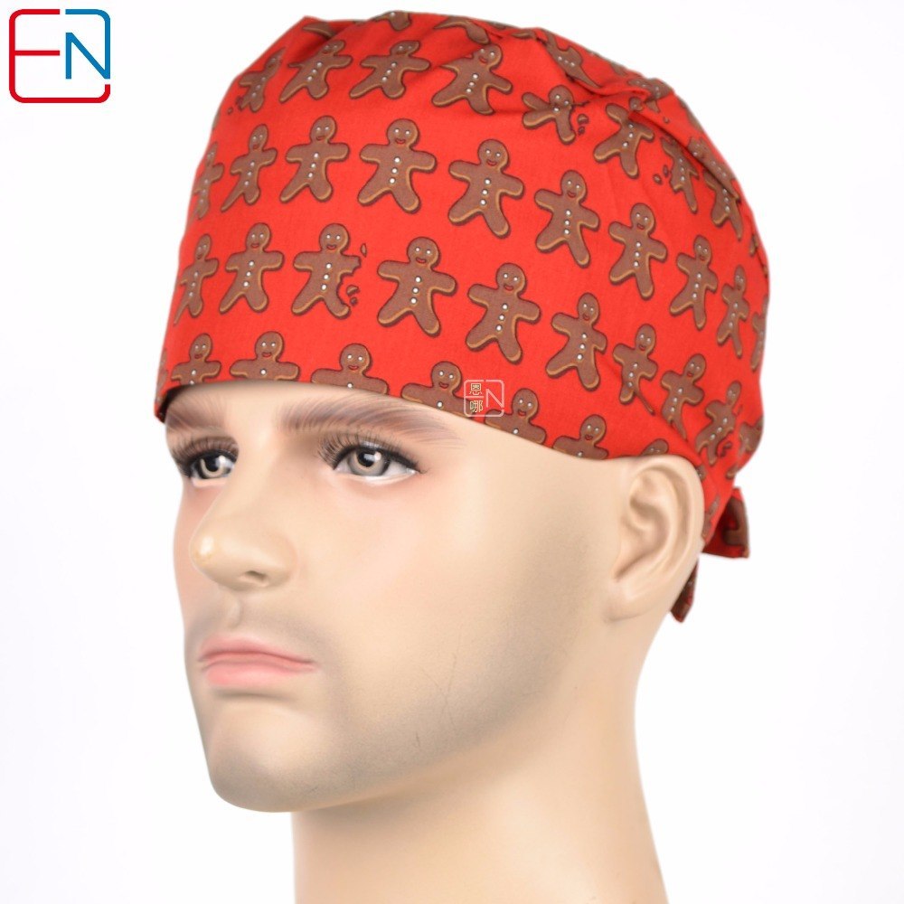 men surgical scrub caps in red with cookies man