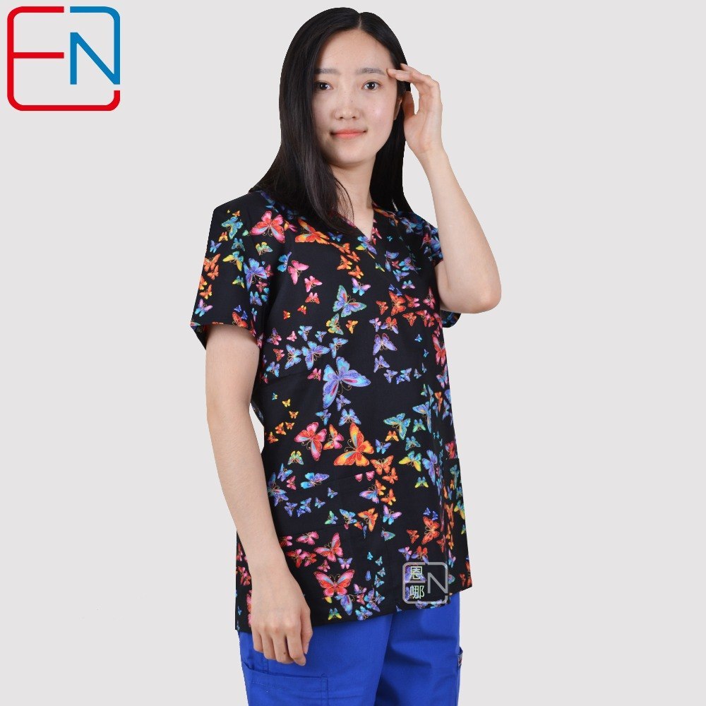 Brand medical scrub tops for women surgical scrubs,scrub uniform in 100% print cotton maotou series