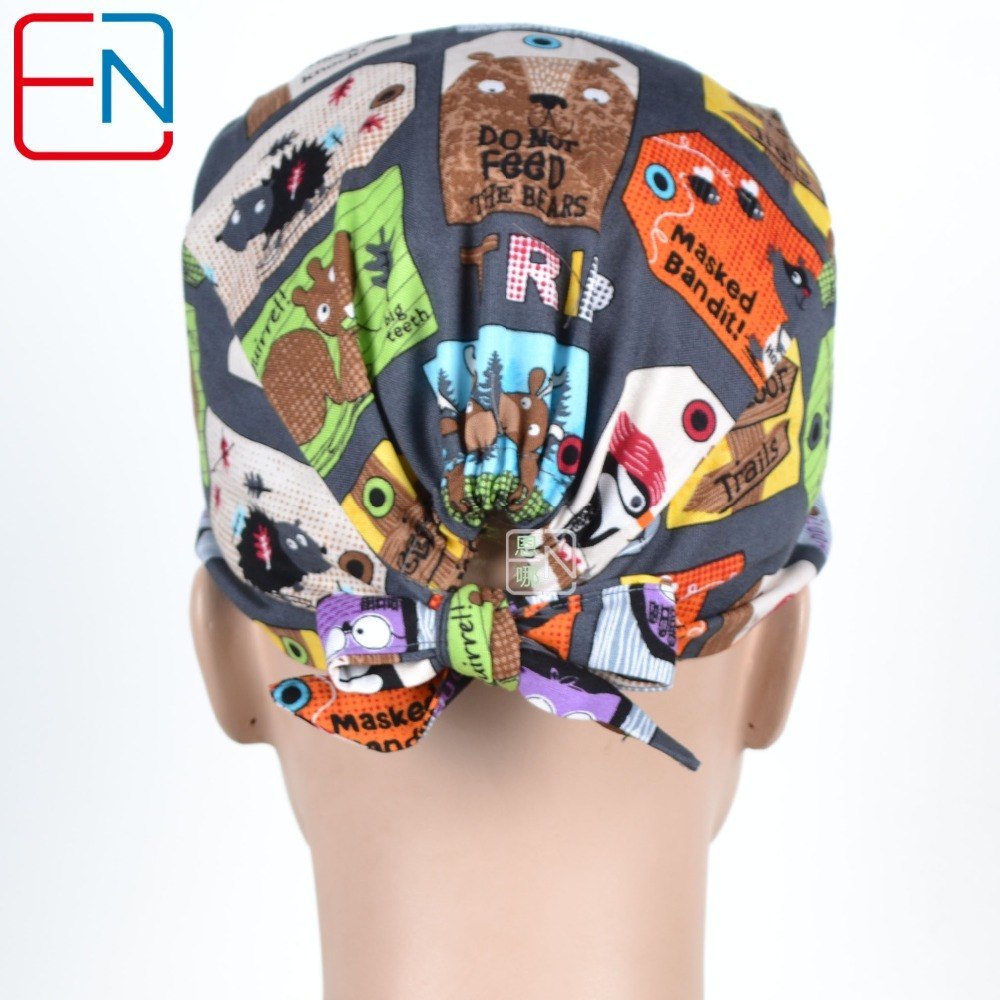 New Cotton Scrub Caps Mask WOMEN Hospital Medical Hats Cartoon Print Tieback Adjustable Cotton WOMEN Surgical Caps Masks