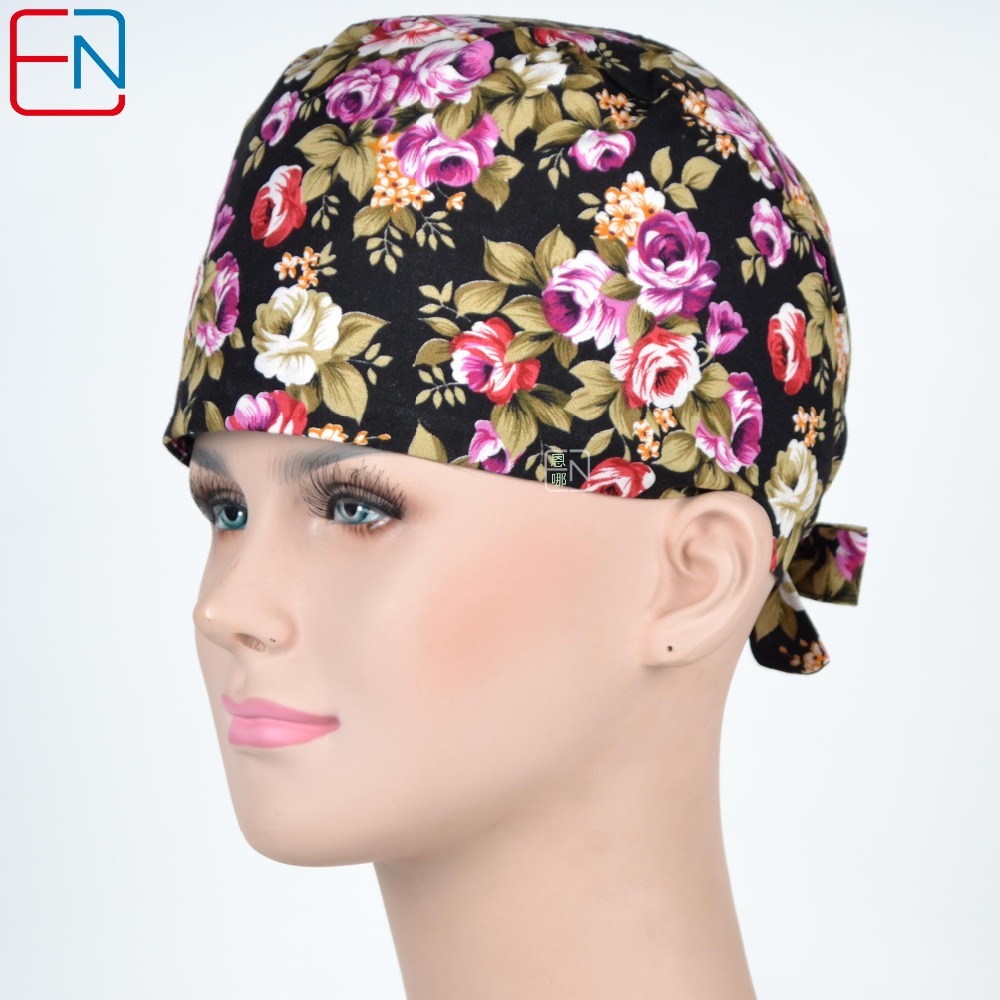 women surgical caps in black with pretty rose flower 100% cotton medical caps