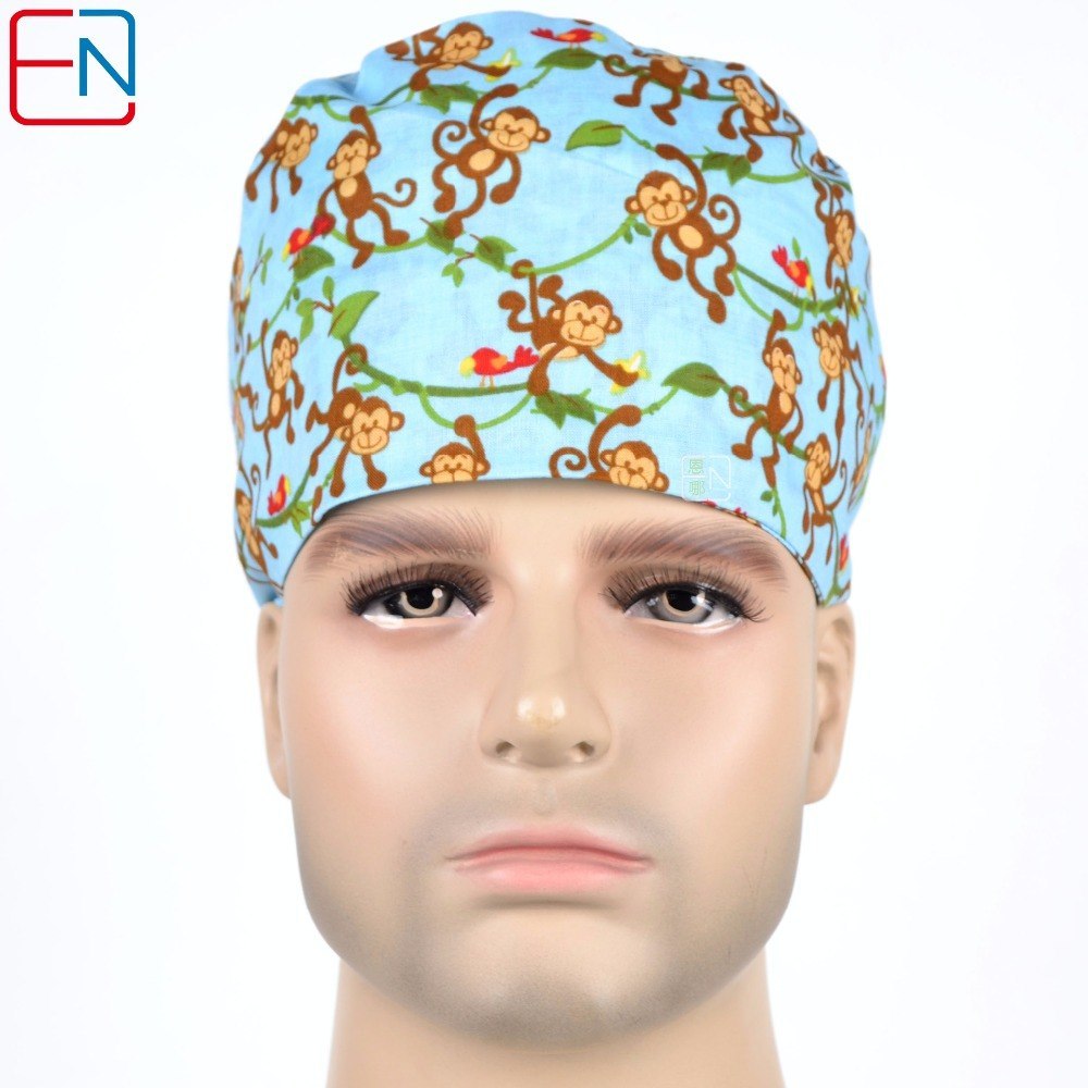 doctor caps in light blue,surgical caps men,with monekys on the branches