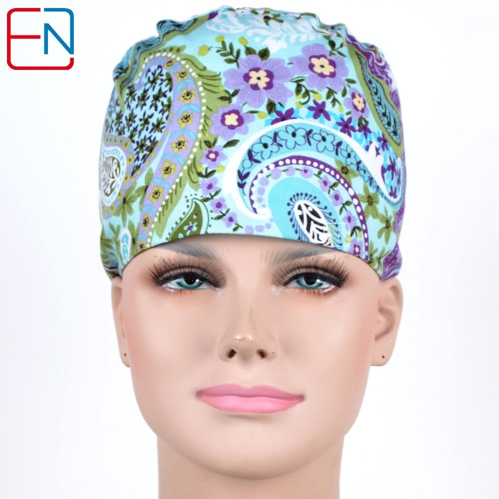 Factory Sales directly big sales medical scrubs in different patterns ,surgical caps 3 sizes scrub caps Qingyezihua