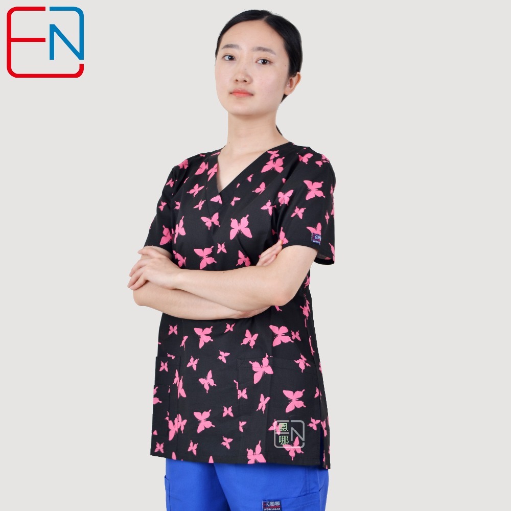 Brand medical scrub tops for women surgical scrubs,scrub uniform in 100% print cotton maotou series