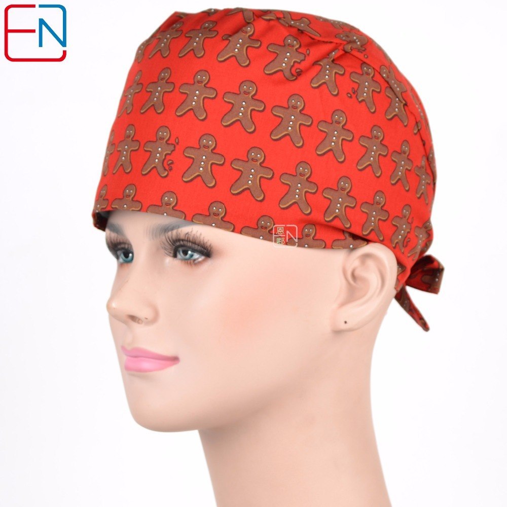 Surgical caps women in red with gingerbread