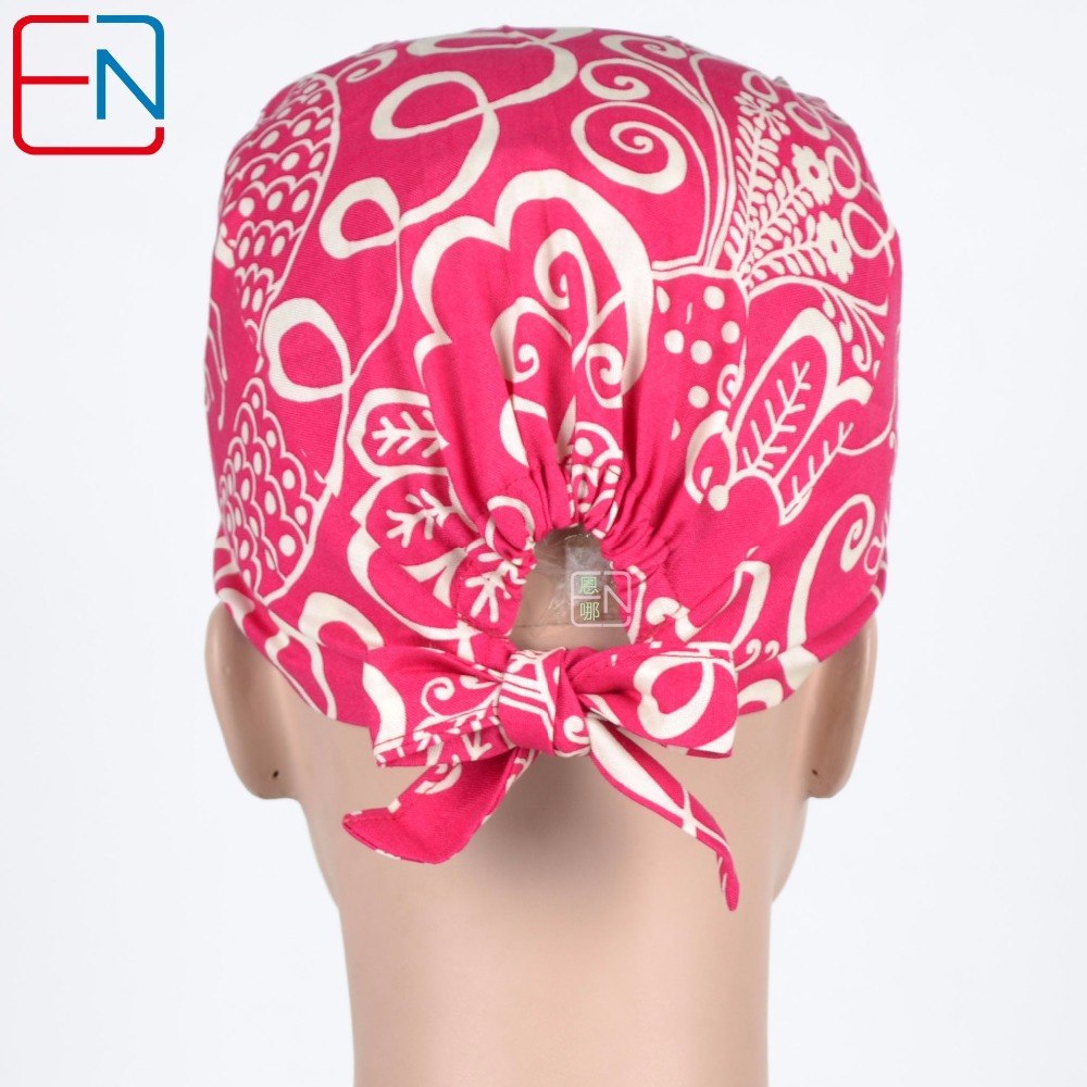female medical scrub caps in rose red with big flowers