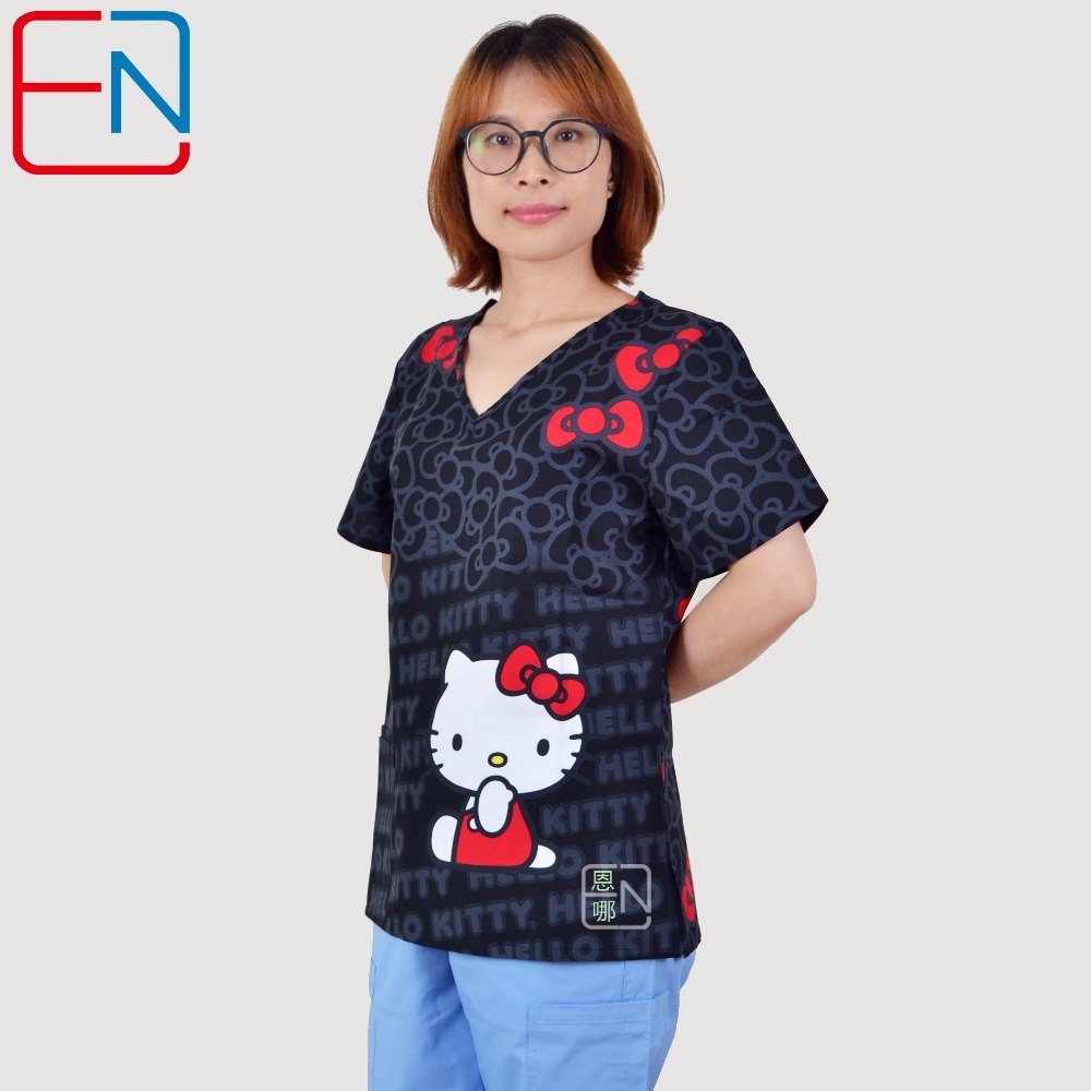Brand heart neck, medical scrub tops surgical scrubs,scrub uniform 100% print cotton medical uniforms engineered print piece cut