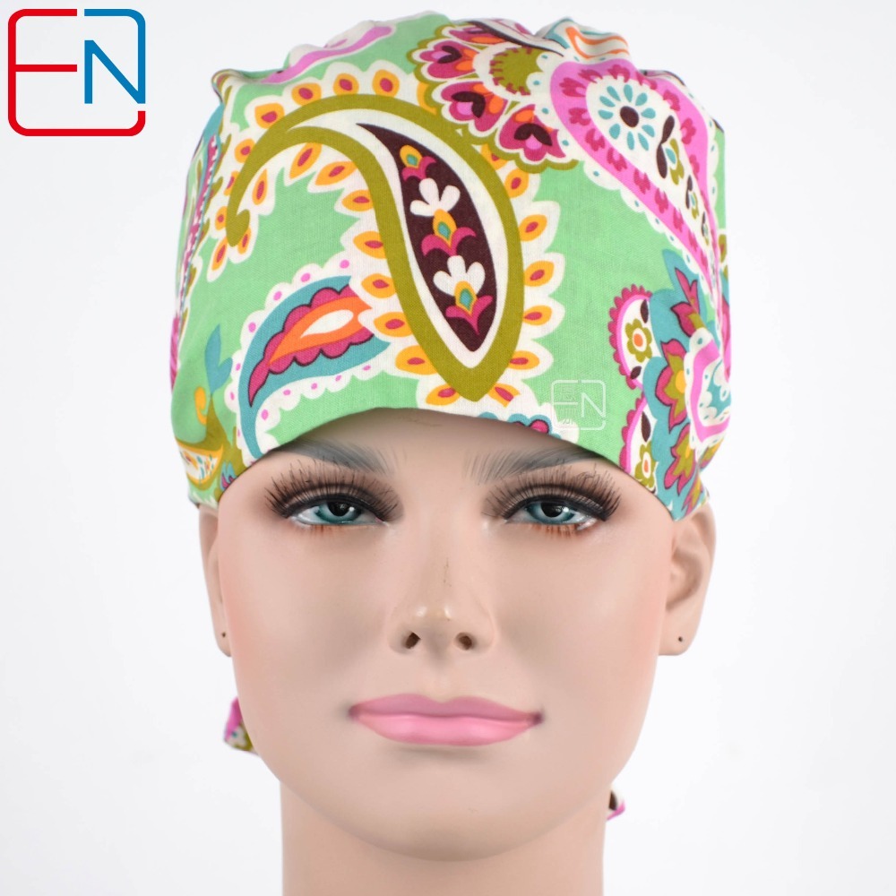 Matin long hair scrub hats for female  100% cotton print  fibre  with sweatband